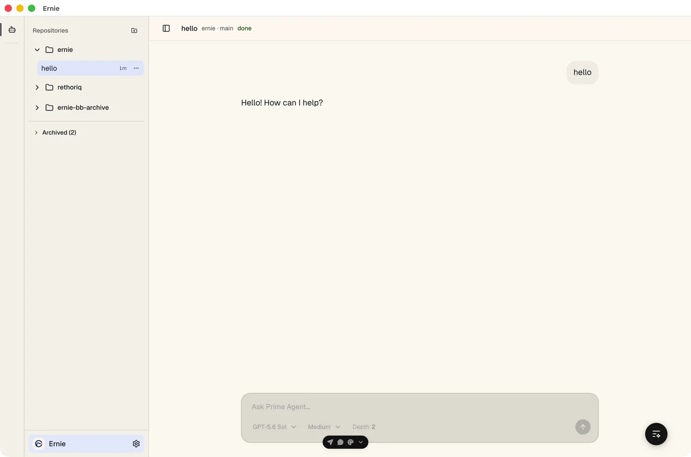A conversation with Prime Agent inside the Ernie macOS app