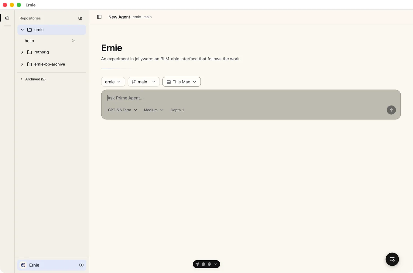 Ernie showing repositories and their saved agent sessions